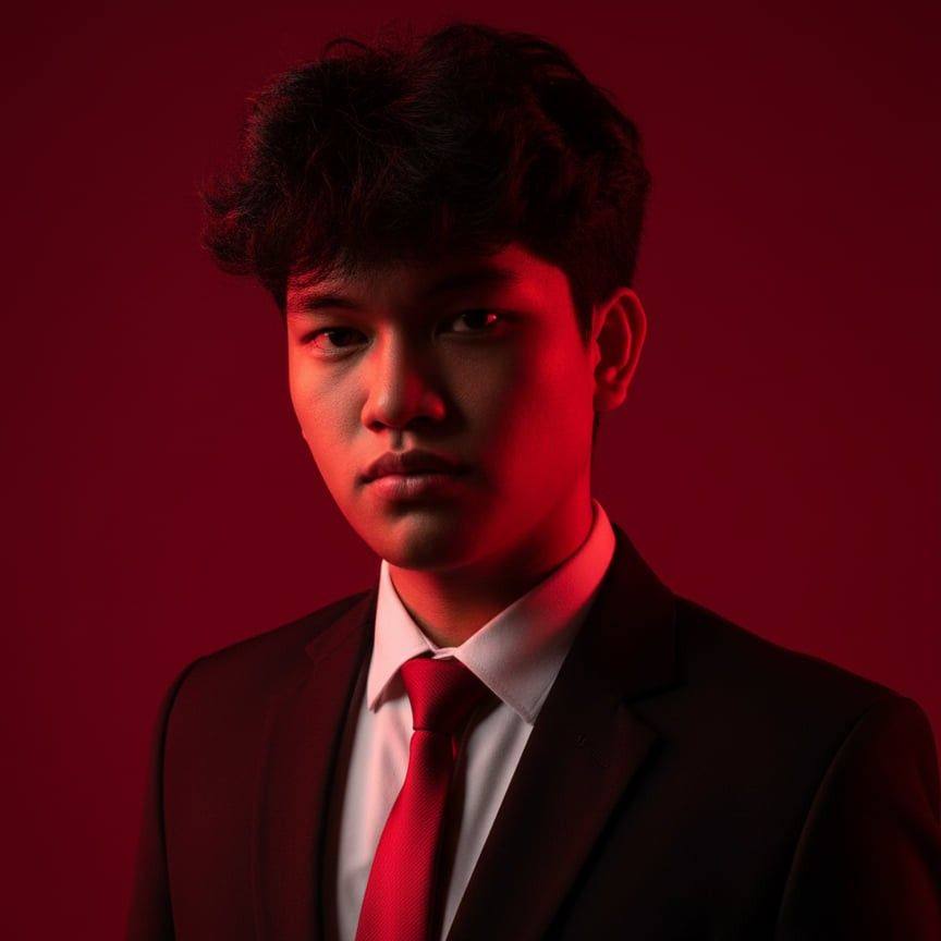 Professional headshot of a IT professional in business attire with blue background